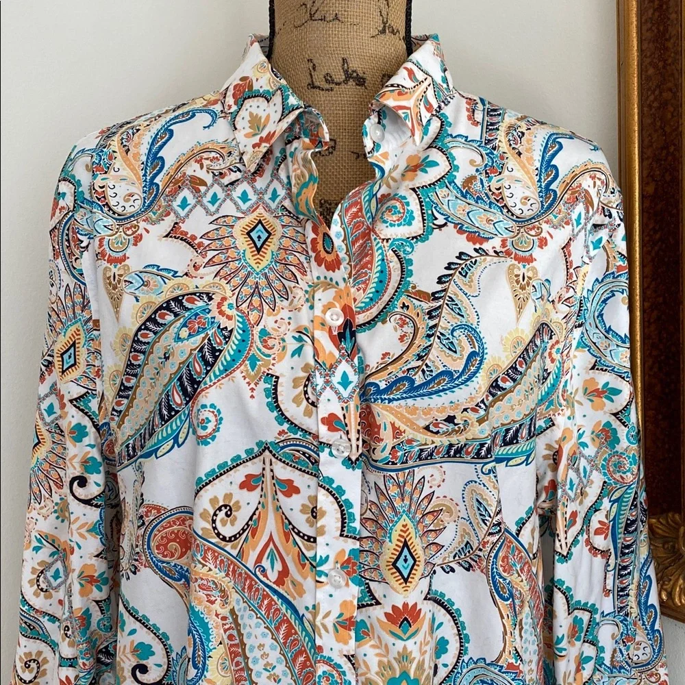 Chicos Paisley Print Women's Top Multicolor Button Down Blouse Long Sleeve 3.5 - Picture 2 of 7